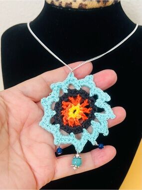 Handmade Turquoise & Orange Crochet Flower Pendant Necklace
